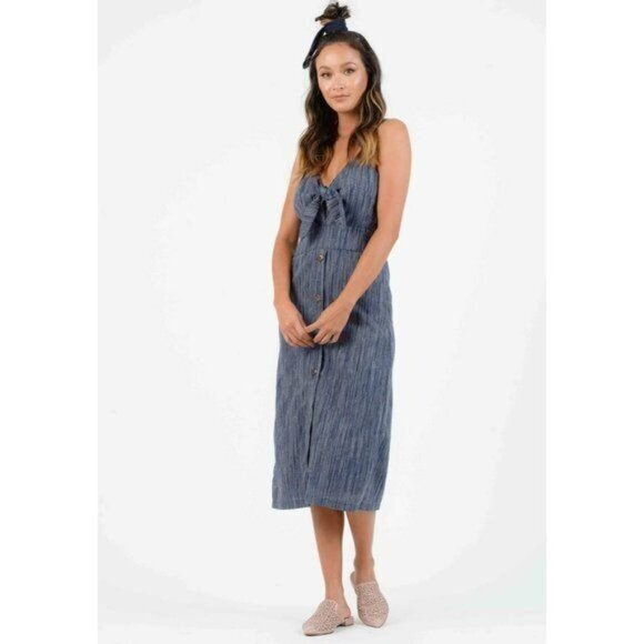 Lucca Couture Dress Nautical Linen Cotton Navy Blue Dress Front Buttons Sz S Nwt